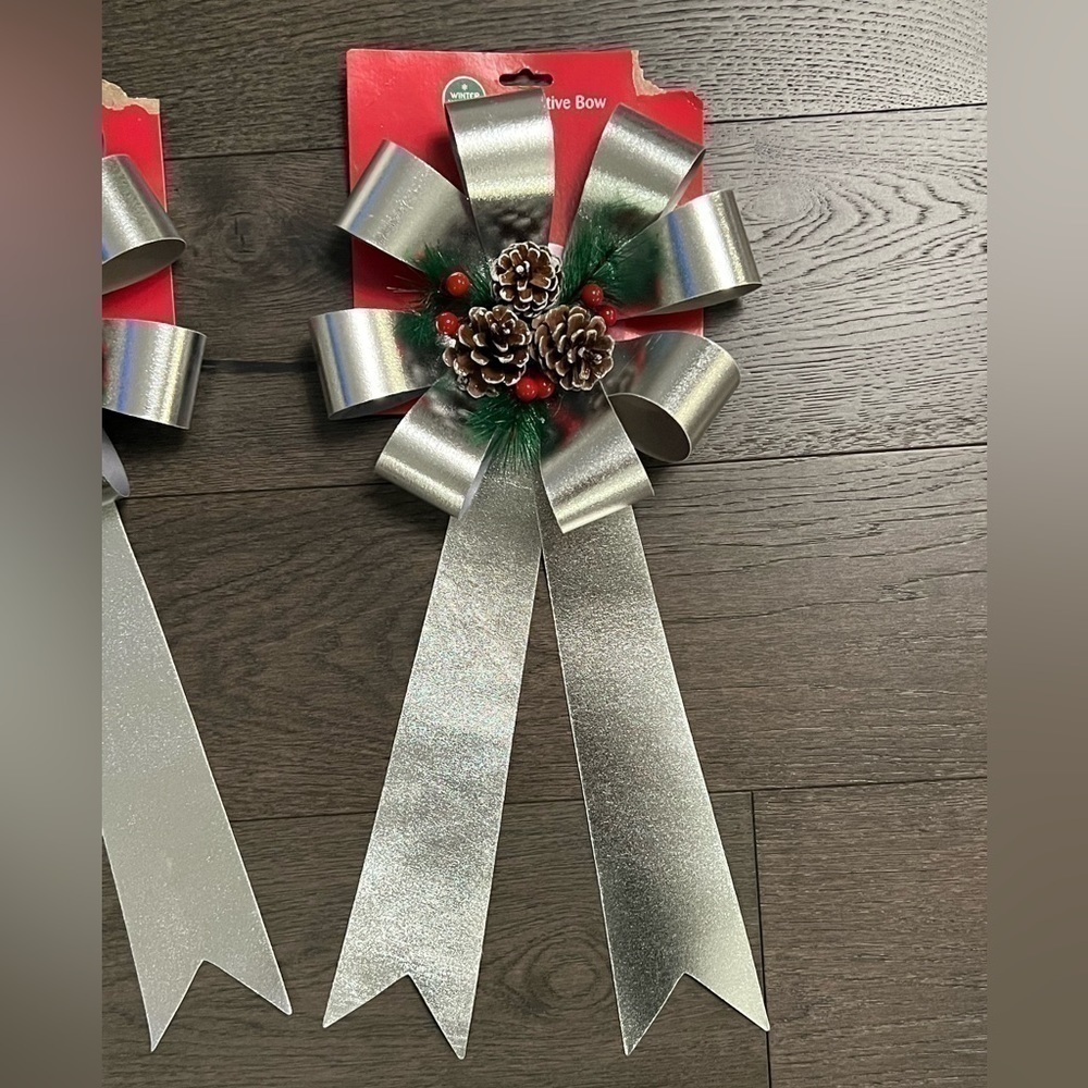 Set of 2 Silver Christmas Decorative Holiday Bows - Picture 4 of 6